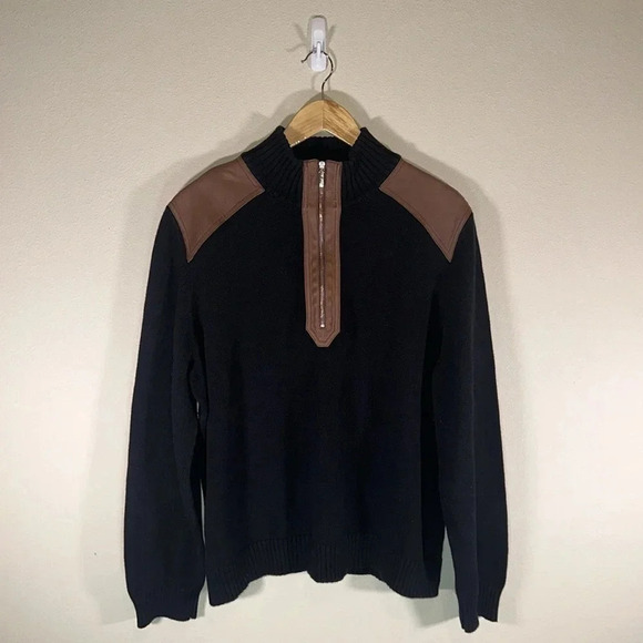 Vintage Lauren Ralph Lauren Green Label 1/4 Zip Leather Accent Trim Knit Sweater - Picture 2 of 7
